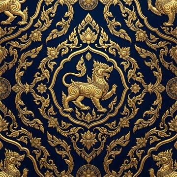 Luxury 3D seamless pattern with embossed golden Thai Singha lion and intricate Kanok ornaments, royal gold and navy blue traditional lattice design