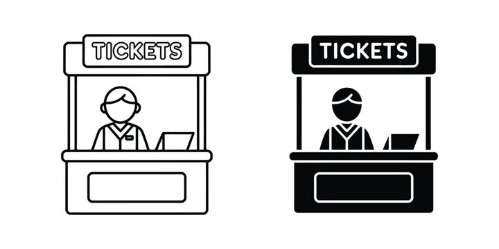 Two ticket booths with people, one in black and white, and the other in black, queueing at service counters, customer service concept, vector illustration, isolated background.