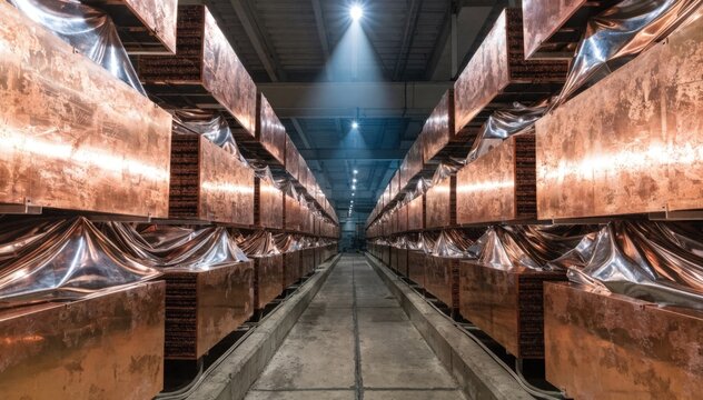 Medium shot showcasing clean bright electrorefining tankhouse aisles filled with organized copper anode and cathode sheets gleaming under intense focused lighting.