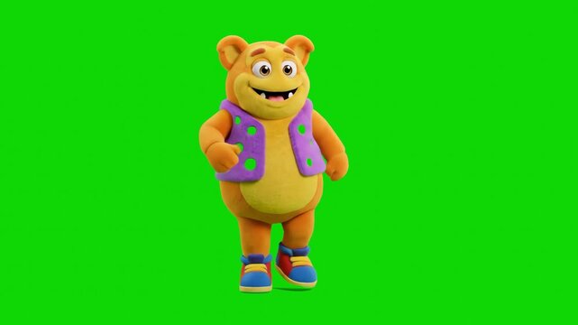 A friendly orange plush monster puppet character wearing a purple and green spotted vest poses cheerfully against a solid green screen backdrop. This vibrant 3D asset is ideal for children's televisio