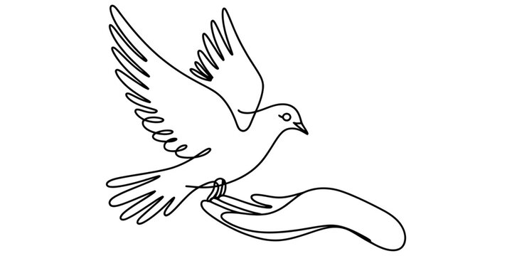 Continuous line drawing of a dove flying above a human hand