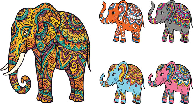 Mandala Elephant Set &ndash; Colorful Ethnic Patterned Elephants with Ornamental Indian Design