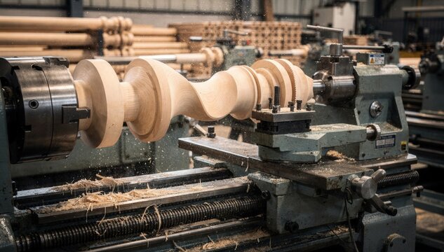 Industrial lathe machining robust wooden spindles with sharp tools focusing on mechanical accuracy and heavyduty production processes.