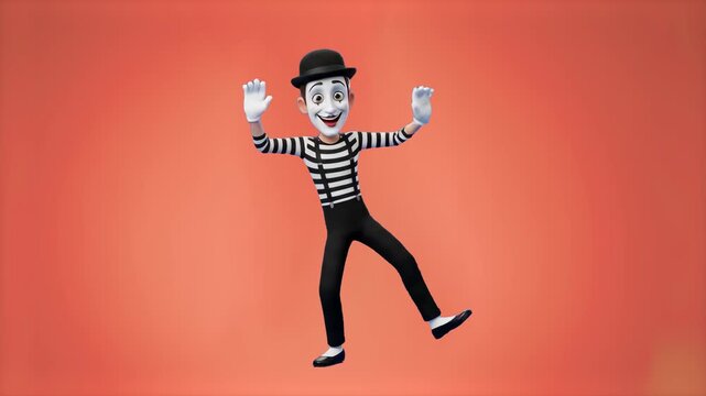 A stylized 3D cartoon mime performer in a striped shirt, suspenders, and bowler hat dancing joyfully. The theatrical character is framed against a clean, solid orange studio background.