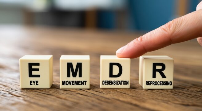 Four cream-colored square blocks with black lettering spell emdr on a wooden table as a finger points