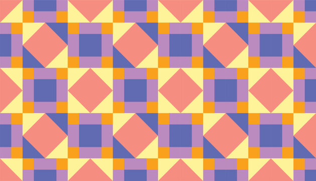 Geometric seamless pattern inspired by patchwork and quilting design in pastel and vibrant colors.