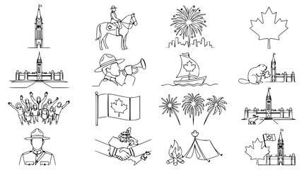 Obraz premium Canada Day Icons: Parliament, Mountie, Beaver, Maple Leaf, Fireworks, Camping, Flag