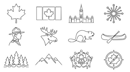 Canada Icons Collection: Maple Leaf, RCMP, Beaver, Moose, Parliament, Canoe, Mountains © Petrik