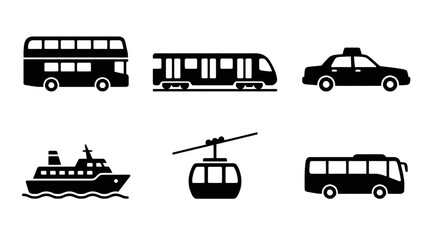 Collection of six different types of transportation icons in black silhouette on a white background. © adobe