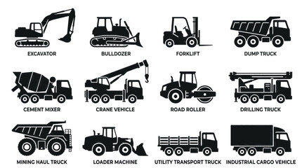 Collection of black and white vector icons representing various construction and industrial vehicles. © adobe