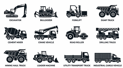 Collection of various construction and industrial vehicles, including excavators, dump trucks, and forklifts, depicted in a clean vector illustration style. © adobe