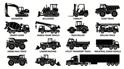 Obraz premium Collection of various construction and industrial vehicles in silhouette, including excavators, dump trucks, and forklifts.