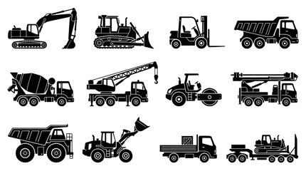 Collection of construction vehicles and heavy machinery icons in black and white silhouette style. © adobe
