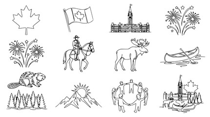 Obraz premium Canada Icons: Maple Leaf, RCMP, Moose, Beaver, Parliament, Fireworks, Canoe, Mountains, Nature