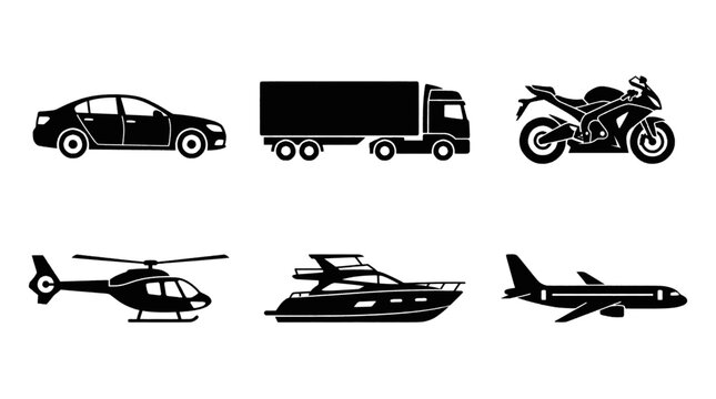 Collection of six different types of transportation vehicles, including a car, truck, motorcycle, helicopter, yacht, and airplane, depicted in black silhouette.