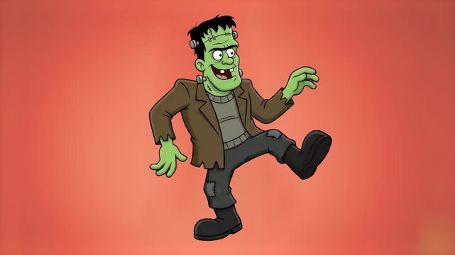 A friendly 2D animated Frankenstein monster character with green skin and a brown jacket dancing happily. The comical classic horror character performs a cheerful dance routine on a solid orange studi