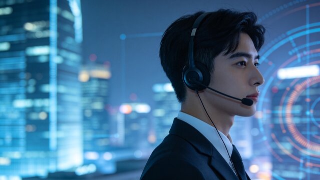 Man in suit with headset against cityscape