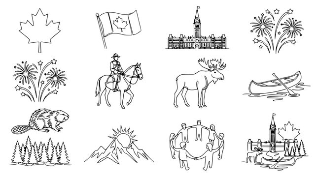 Canada Icons: Maple Leaf, RCMP, Moose, Beaver, Parliament, Fireworks, Canoe, Mountains, Nature