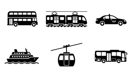 Collection of various public transportation vehicle icons including a double-decker bus, tram, taxi, ferry, cable car, and a standard bus. © adobe