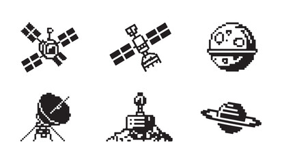 Set of pixel art space icons including satellites and celestial bodies on white background. © VANU