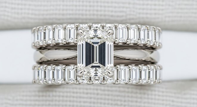 A close-up of a diamond ring with a large emerald-cut center stone flanked by rows of smaller baguette-cut diamonds