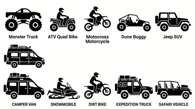 Collection of diverse off-road and recreational vehicle icons including monster trucks, ATVs, motorcycles, dune buggies, SUVs, camper vans, snowmobiles, and expedition trucks.