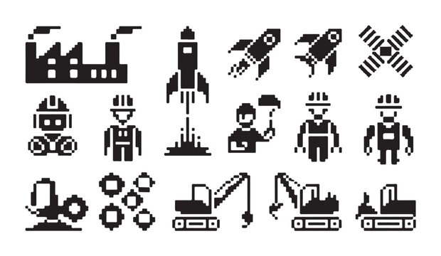 Industrial pixel art set with factory workers construction machinery and rocket launch icons.