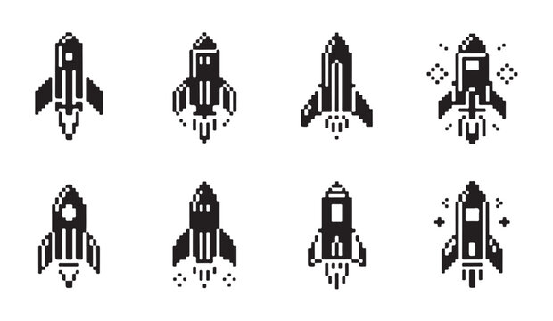 Set of pixel art rocket icons with and without flames on white background.