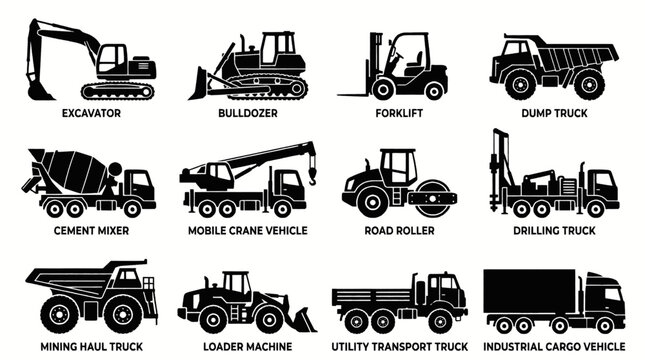 Collection of various construction and industrial vehicles and machinery, presented as black silhouettes on a white background.
