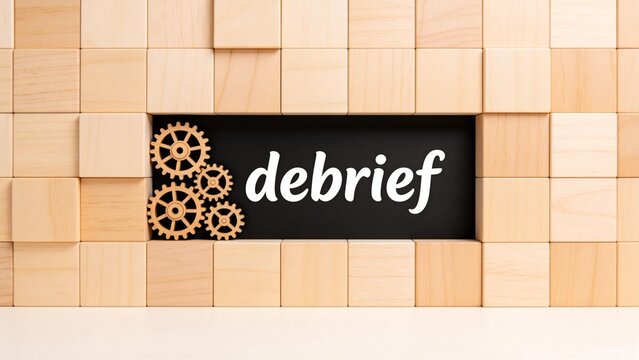Wooden blocks with gears and word debrief