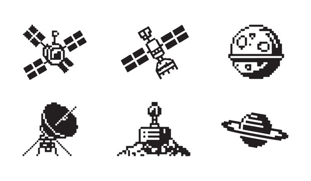 Set of pixel art space icons including satellites and celestial bodies on white background.