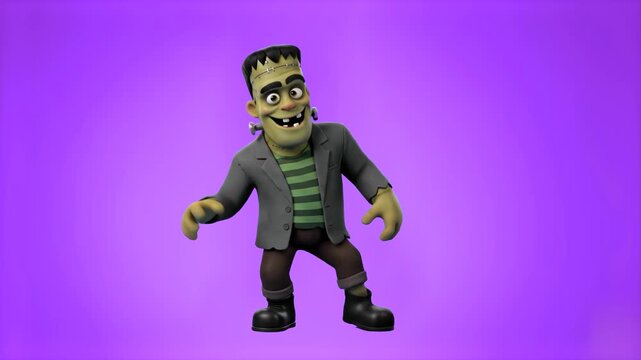 A stylized 3D animated Frankenstein monster dancing with rhythmic body movements against a solid studio backdrop. The playful classic horror character features a big smile and a cheerful performance.