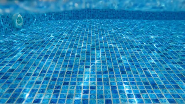 Vibrant blue tiles in serene swimming pool create mosaic of reflections in clear water, inviting relaxation and tranquility underwater