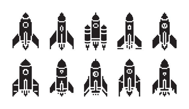 Detailed rocket spacecraft pixel icons for mobile game development and cosmic travel design.