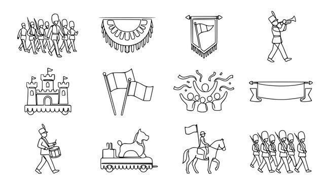 Vector Set: Parade Icons, Military Marching Band, Flags, Castle, Banners, Crowd, Confetti