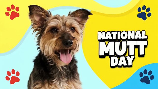 National mutt day celebration graphic with a cute happy dog and colorful paw print background art