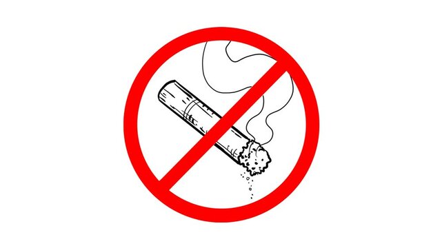 No smoking prohibition sign vector icon. Red forbidden circle with hand drawn lit cigarette and smoke isolated