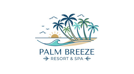 Fototapeta premium Palm Breeze Resort & Spa Logo: Tropical Beach, Palm Trees, Ocean Wave, Sunset