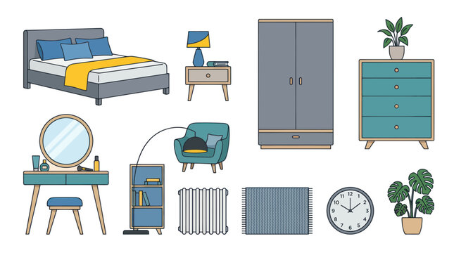 Modern Bedroom Furniture Set Collection, Flat Design Vector Illustration