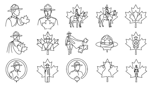 Canadian Mountie and Maple Leaf Line Art Icons Set