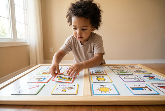 Young child sorting autism visual learning cards on activity table