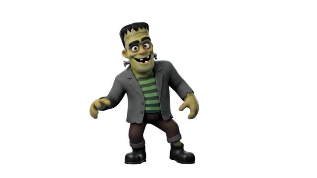 A humorous 3D animated Frankenstein monster character with green skin and a stitched face performing a funny dance routine. The iconic Halloween mascot moves joyfully against a plain white backdrop.