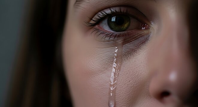 A close-up of a woman's face with a single tear streaming down her cheek
