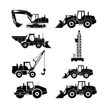 Construction Equipment Silhouettes Excavator Loader Dump Truck Crane Keywords: construction