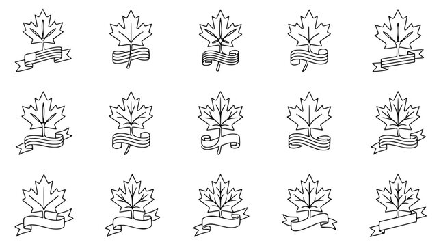 Canadian Maple Leaf Icons with Ribbons - Set of 15 Hand-Drawn Vector Illustrations