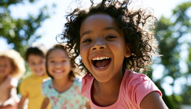 Joyful diverse children laughing and running together in a sunlit park