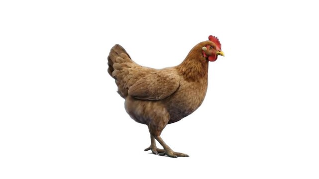 Detailed view of a brown domestic hen chicken standing in side view, isolated on a clean white background. Perfect for farm animal presentations, agricultural media, poultry industry marketing, organi