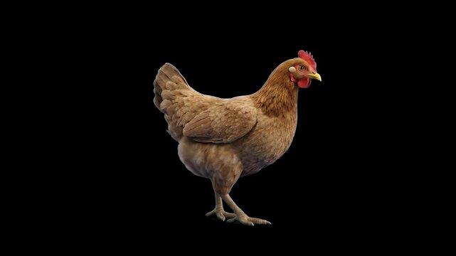 A realistic, full-shot 3D rendering of a domestic brown hen chicken standing still in side profile view against an isolated black backdrop. Excellent digital asset for farming visualizations, agricult
