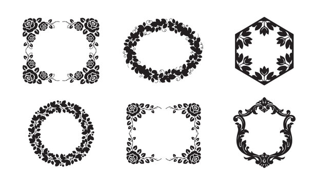 Set of decorative floral frames and borders with roses for wedding cards and invitations art.