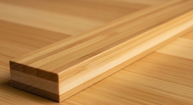 A close-up of a wooden plank's end, showcasing its textured edge on a matching wooden surface